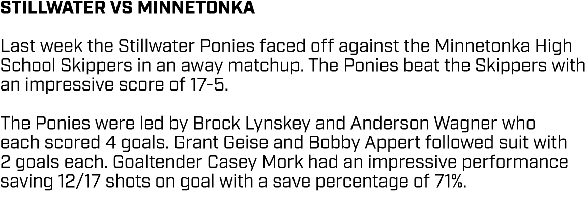 STILLWATER VS MINNETONKA Last week the Stillwater Ponies faced off against the Minnetonka High School Skippers in an ...