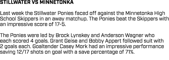 STILLWATER VS MINNETONKA Last week the Stillwater Ponies faced off against the Minnetonka High School Skippers in an ...