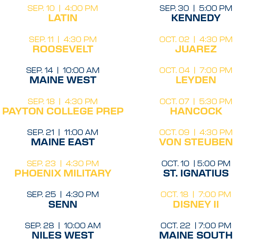 sep. 30 | 5:00 PM kennedy oct. 02 | 4:30 PM juarez oct. 04 | 7:00 PM leyden Oct. 07 | 5:30 pm hancock oct. 09 | 4:30 ...
