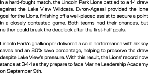 In a hard fought match, the Lincoln Park Lions battled to a 1 1 draw against the Lake View Wildcats. Evron Agassi pro...