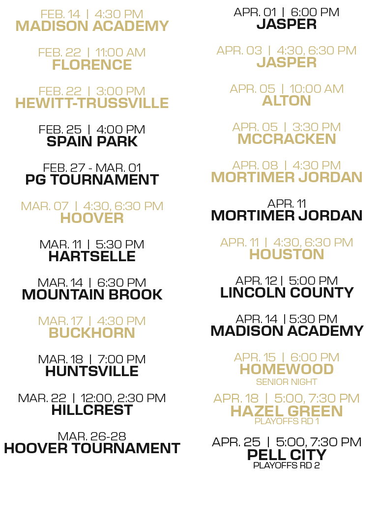 apr. 01 | 6:00 PM Jasper apr. 03 | 4:30, 6:30 PM jasper apr. 05 | 10:00 aM alton apr. 05 | 3:30 PM mccracken apr. 08 ...