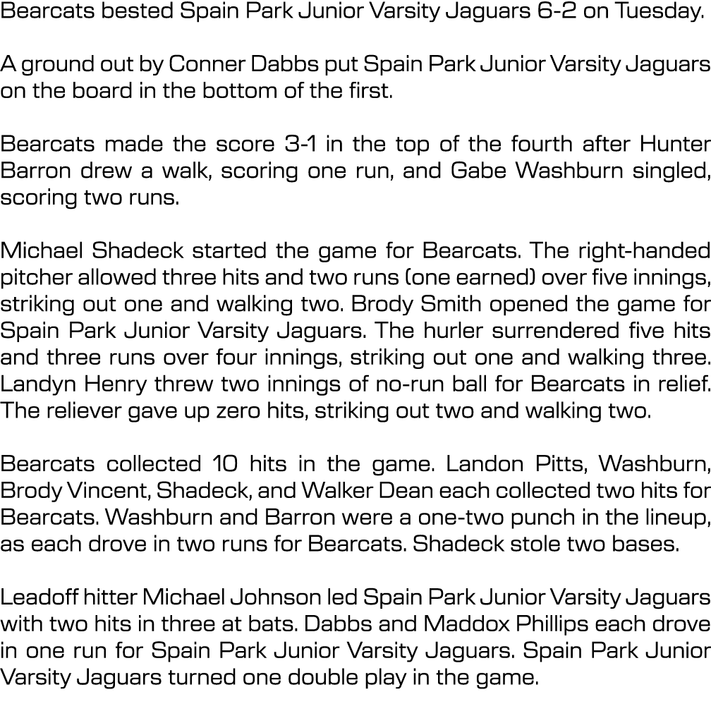 Bearcats bested Spain Park Junior Varsity Jaguars 6 2 on Tuesday. A ground out by Conner Dabbs put Spain Park Junior ...