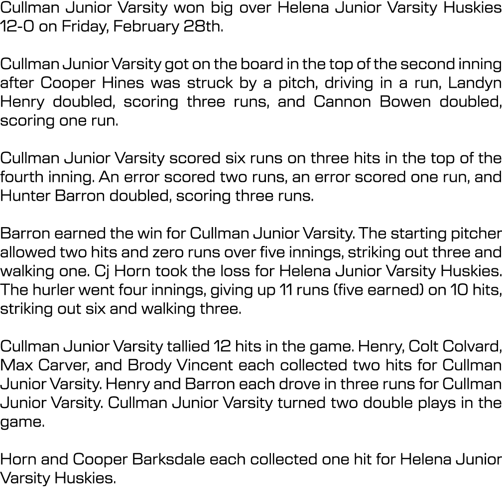 Cullman Junior Varsity won big over Helena Junior Varsity Huskies 12 0 on Friday, February 28th. Cullman Junior Varsi...