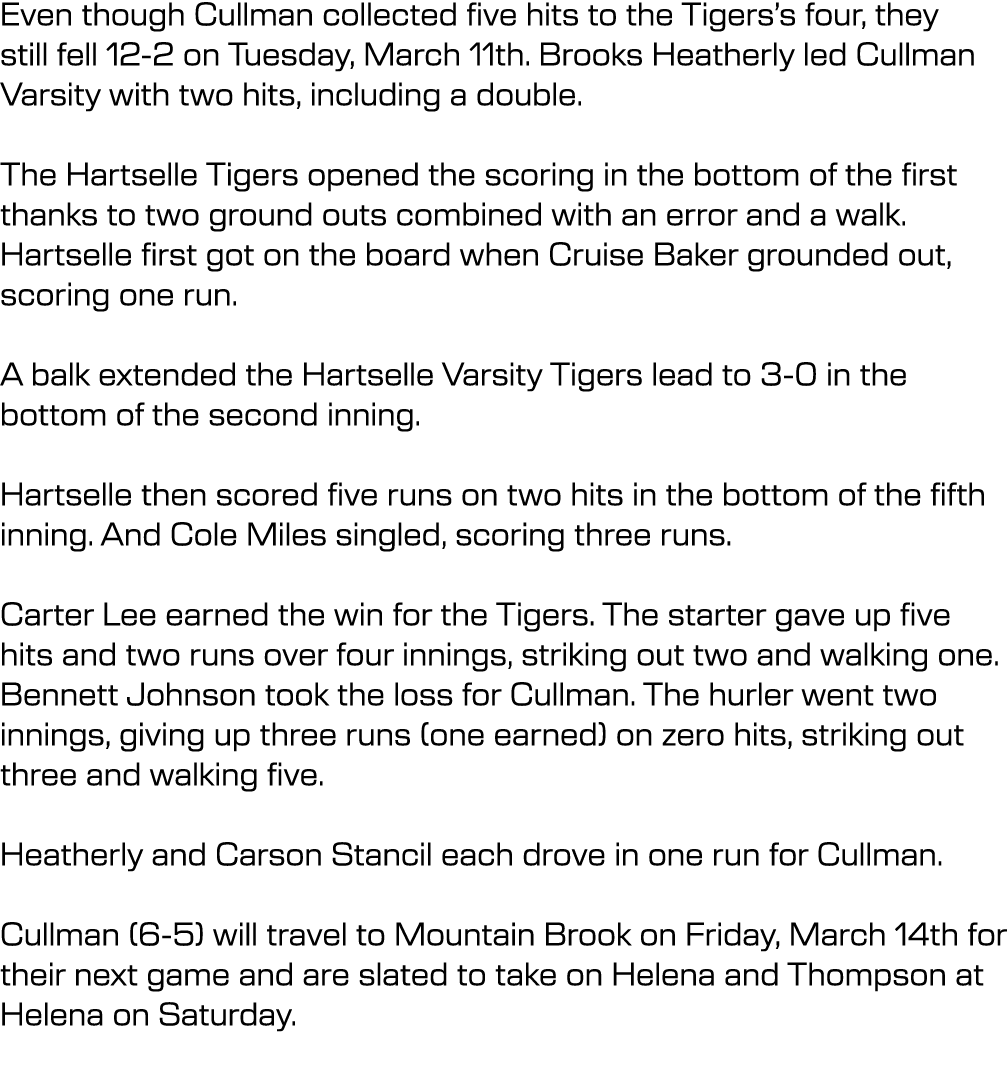 Even though Cullman collected five hits to the Tigers’s four, they still fell 12 2 on Tuesday, March 11th. Brooks Hea...