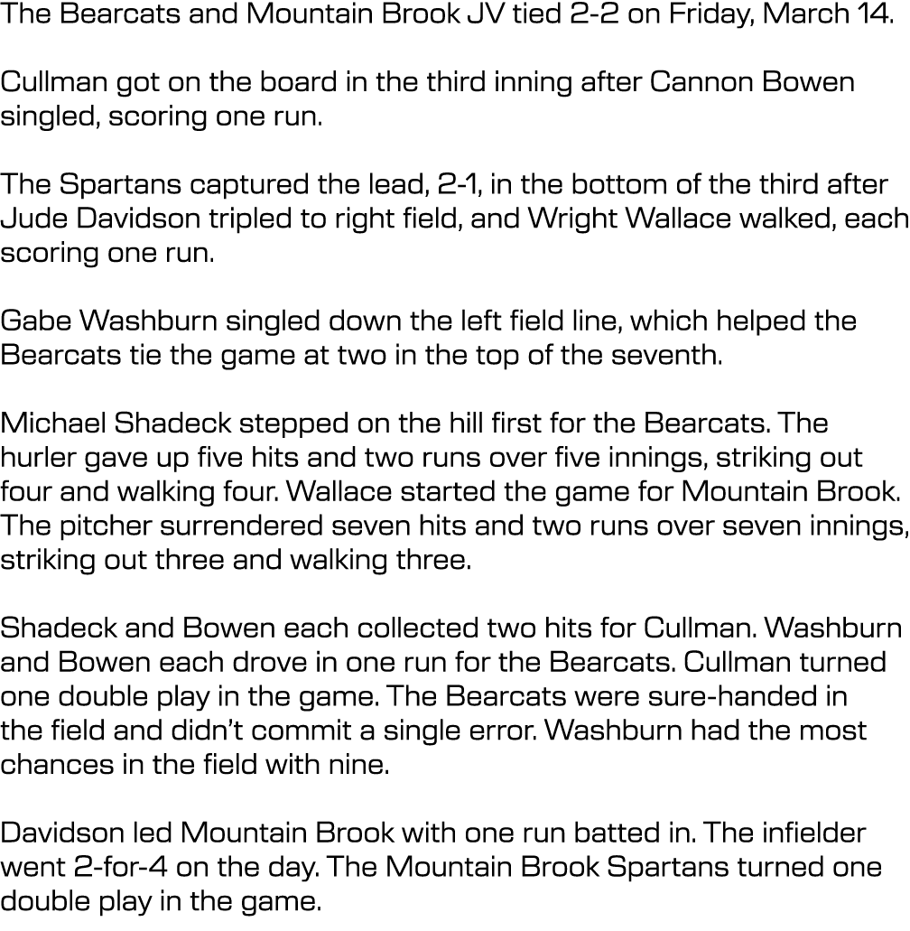 The Bearcats and Mountain Brook JV tied 2-2 on Friday, March 14. Cullman got on the board in the third inning after C...