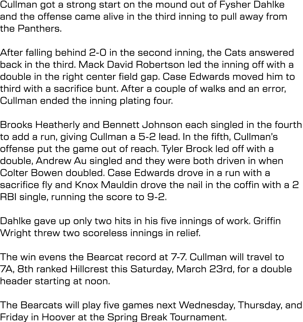 Cullman got a strong start on the mound out of Fysher Dahlke and the offense came alive in the third inning to pull a...