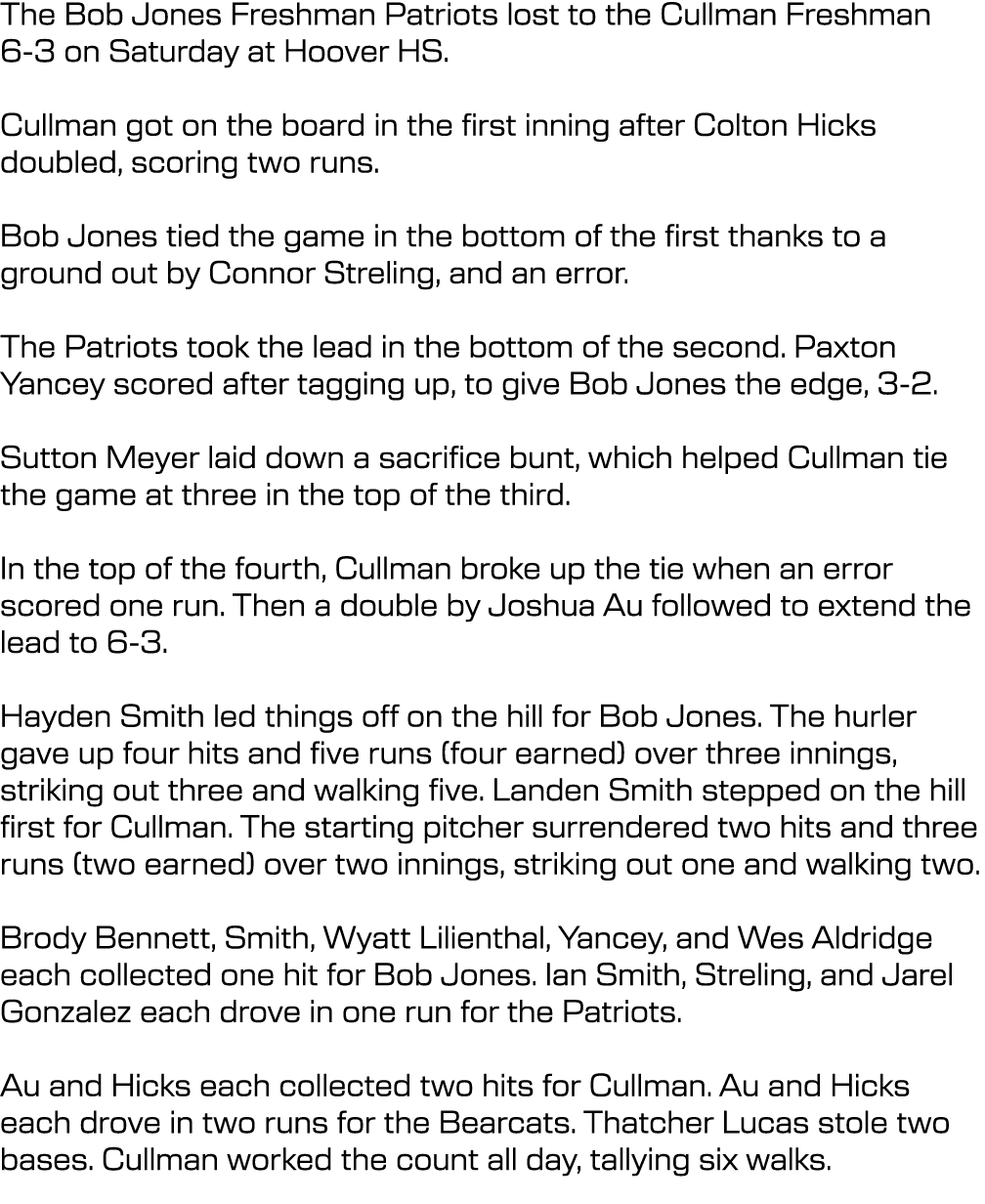 The Bob Jones Freshman Patriots lost to the Cullman Freshman 6-3 on Saturday at Hoover HS. Cullman got on the board i...