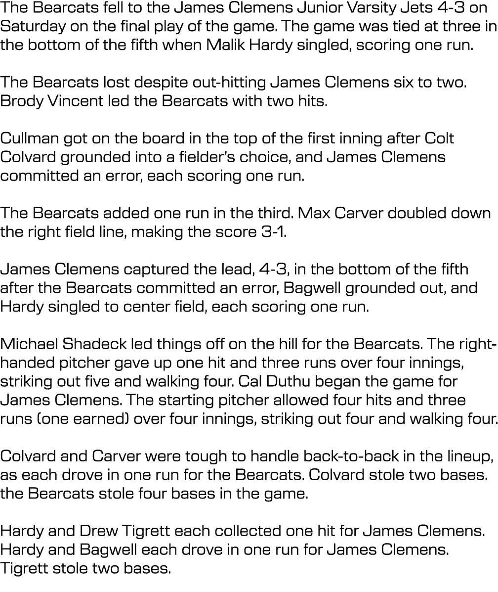 The Bearcats fell to the James Clemens Junior Varsity Jets 4-3 on Saturday on the final play of the game. The game wa...