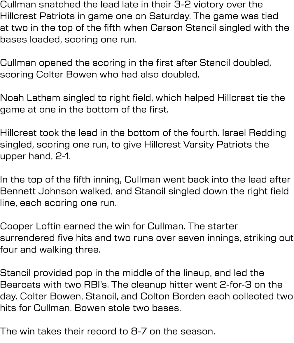 Cullman snatched the lead late in their 3-2 victory over the Hillcrest Patriots in game one on Saturday. The game was...