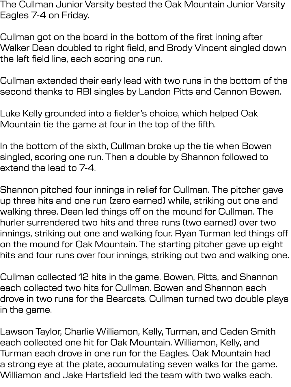 The Cullman Junior Varsity bested the Oak Mountain Junior Varsity Eagles 7-4 on Friday. Cullman got on the board in t...