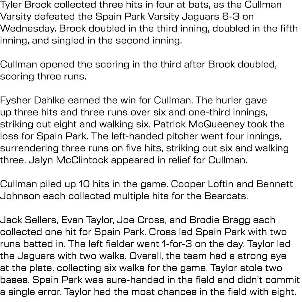 Tyler Brock collected three hits in four at bats, as the Cullman Varsity defeated the Spain Park Varsity Jaguars 6-3 ...