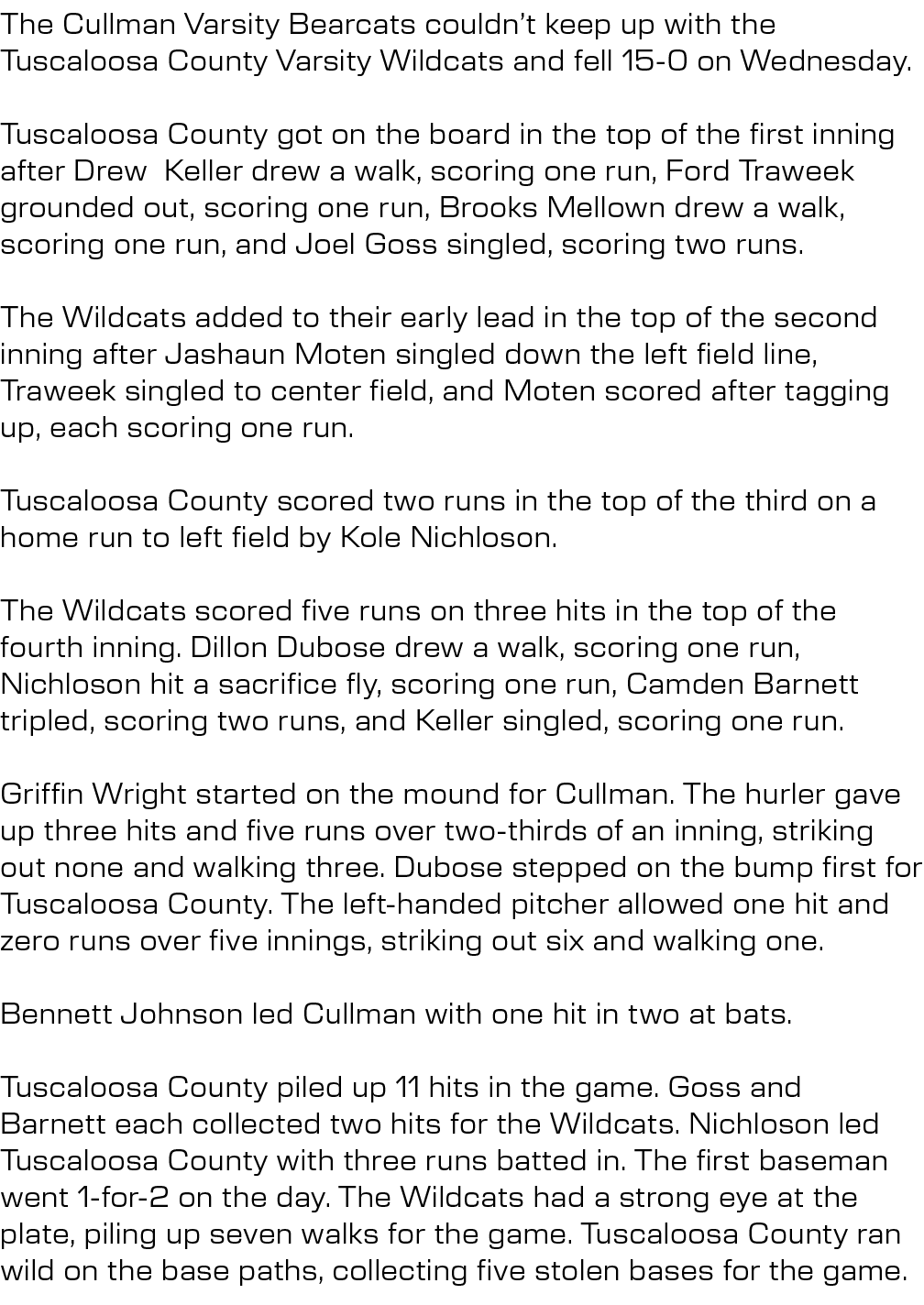 The Cullman Varsity Bearcats couldn’t keep up with the Tuscaloosa County Varsity Wildcats and fell 15-0 on Wednesday....