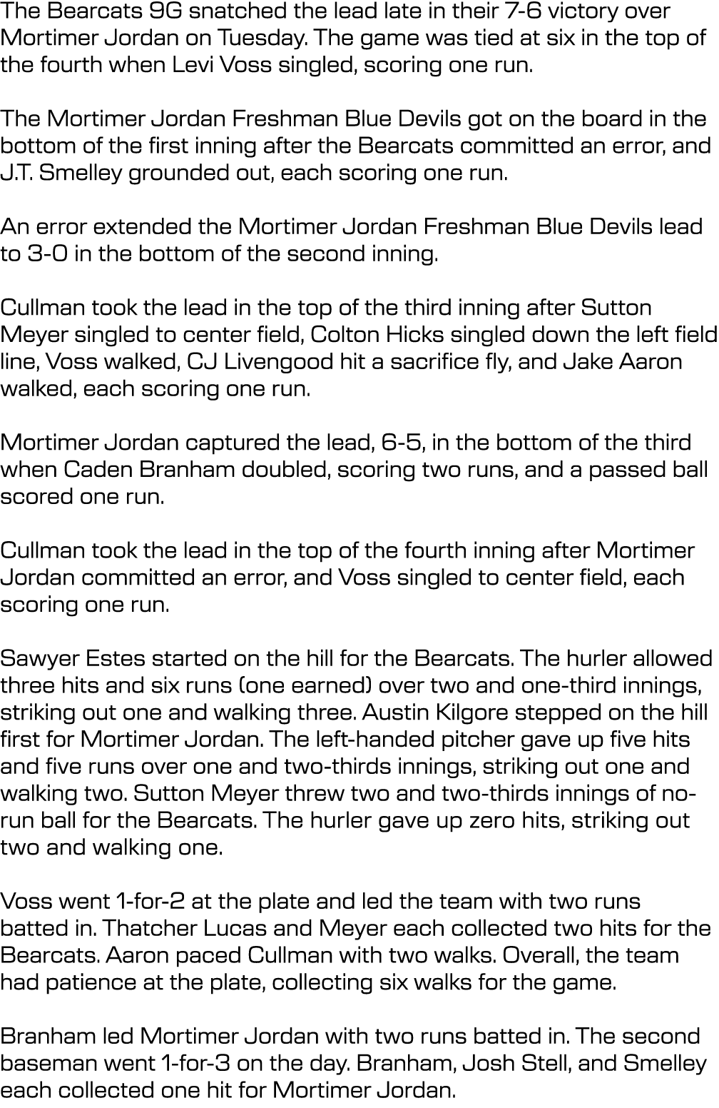 The Bearcats 9G snatched the lead late in their 7-6 victory over Mortimer Jordan on Tuesday. The game was tied at six...