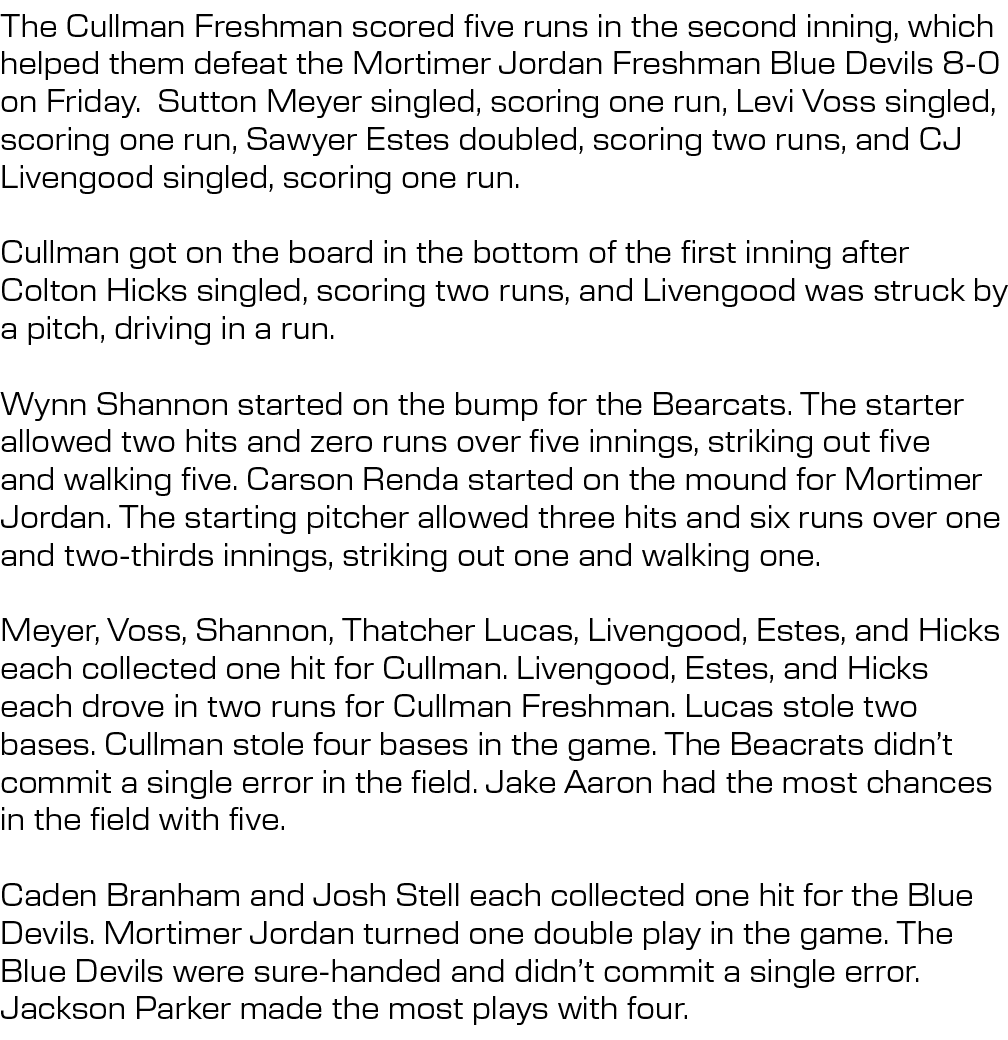 The Cullman Freshman scored five runs in the second inning, which helped them defeat the Mortimer Jordan Freshman Blu...