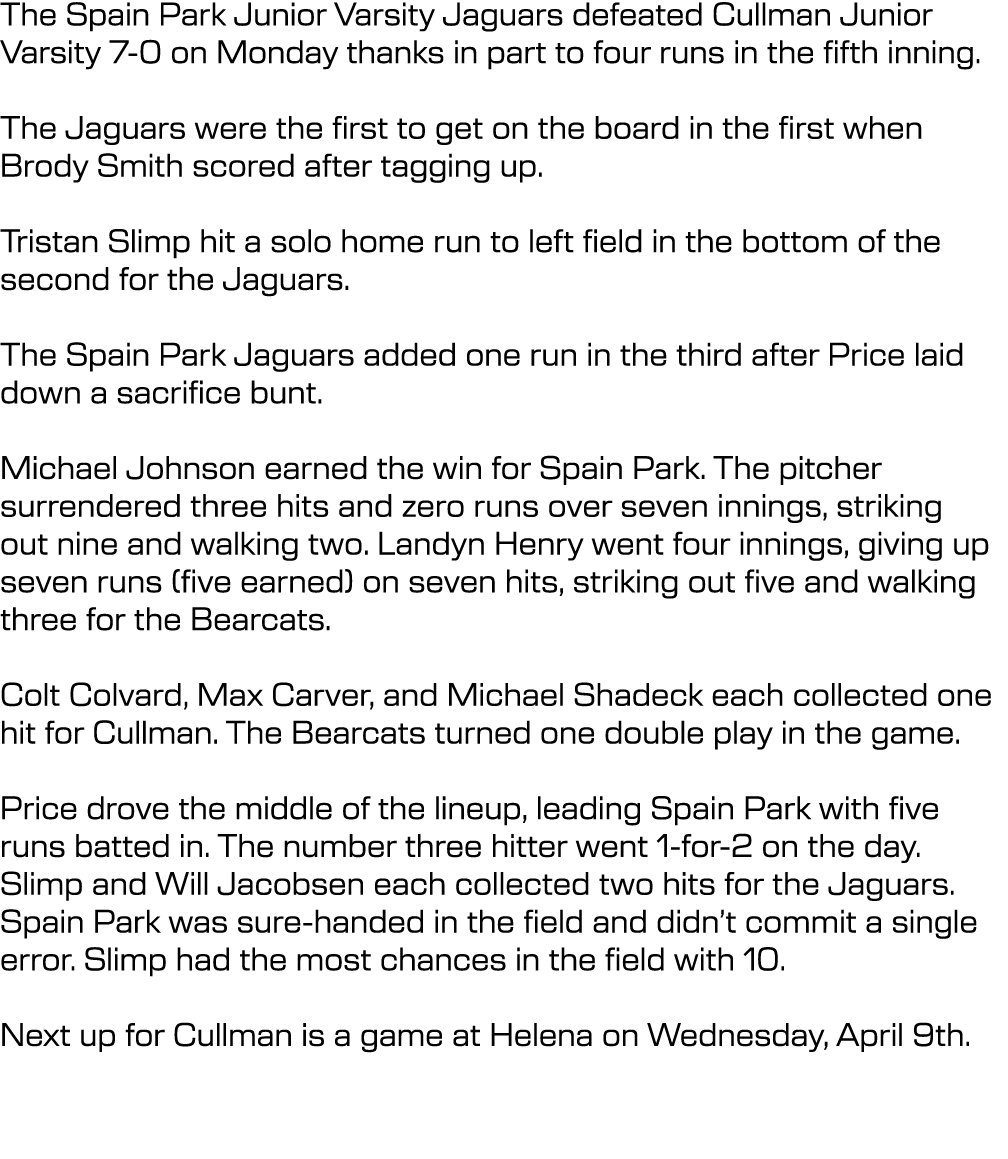 The Spain Park Junior Varsity Jaguars defeated Cullman Junior Varsity 7-0 on Monday thanks in part to four runs in th...