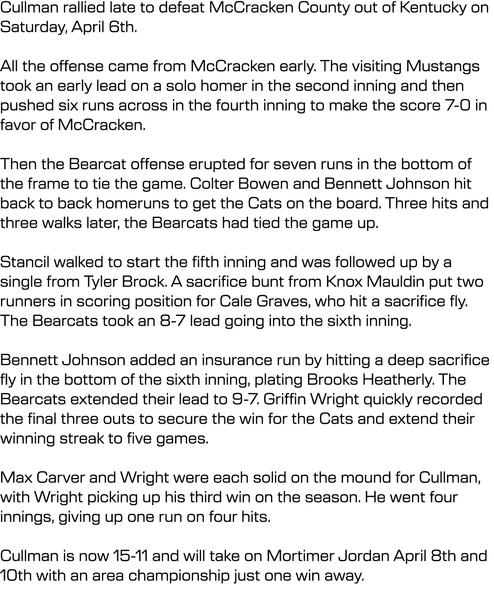 Cullman rallied late to defeat McCracken County out of Kentucky on Saturday, April 6th. All the offense came from Mc...