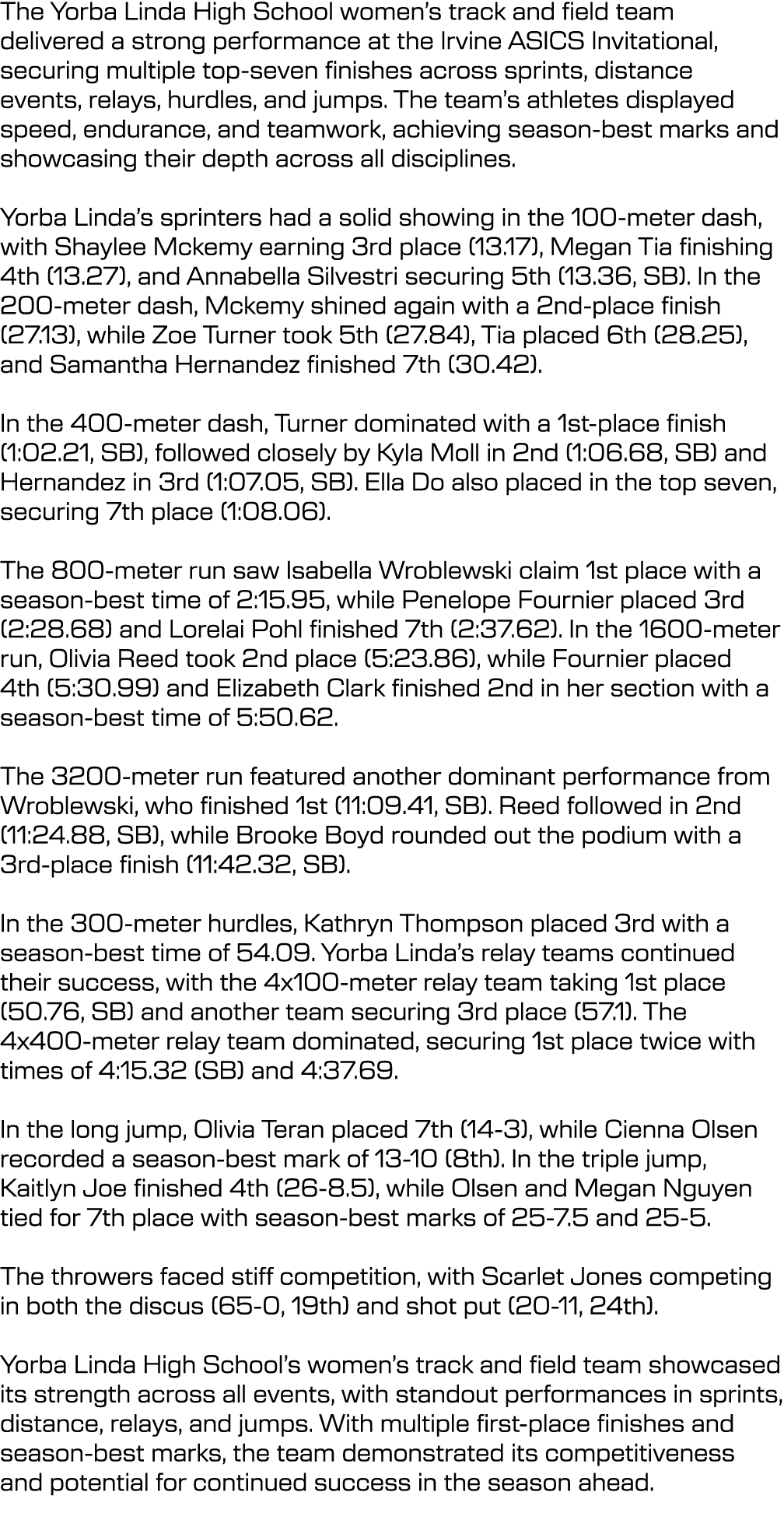 The Yorba Linda High School women’s track and field team delivered a strong performance at the Irvine ASICS Invitatio...