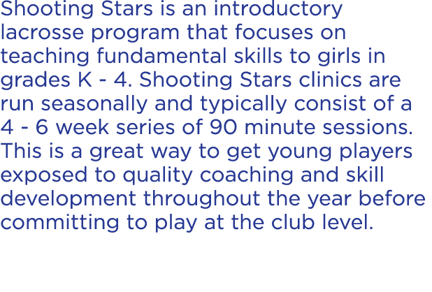 Shooting Stars is an introductory lacrosse program that focuses on teaching fundamental skills to girls in grades K 4...